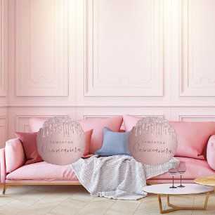 Quinceanera blush pink drips monogram  round cushion