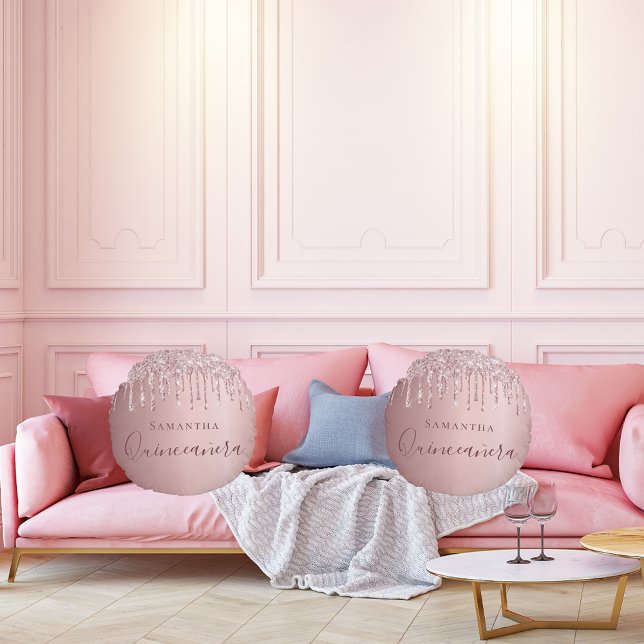 Quinceanera blush pink drips monogram  round cushion (Creator Uploaded)
