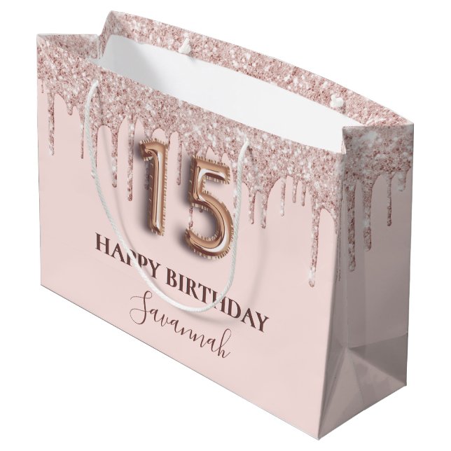 Quinceanera blush pink drips rose gold large gift bag (Back Angled)