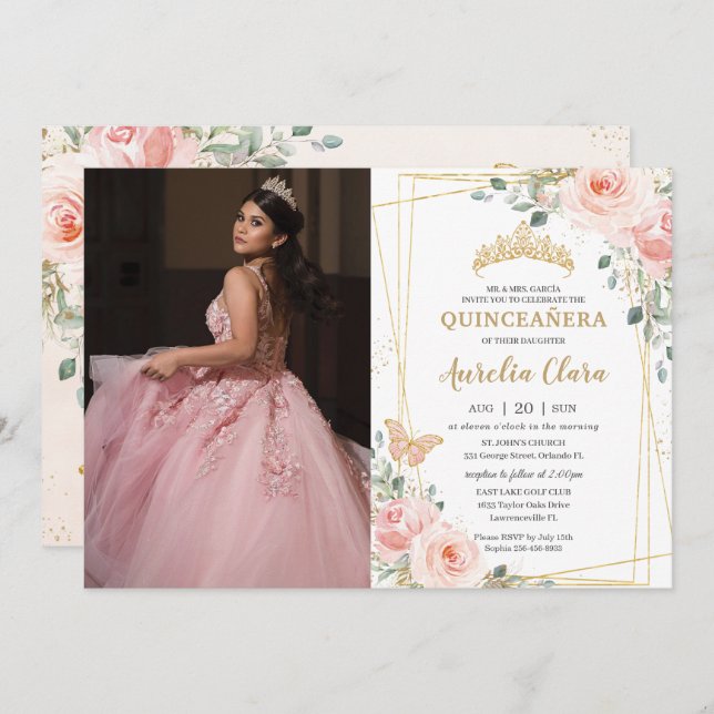 Quinceañera Blush Pink Floral Butterflies Photo Invitation (Front/Back)