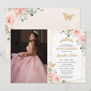 Quinceañera Blush Pink Floral Butterflies Photo Invitation