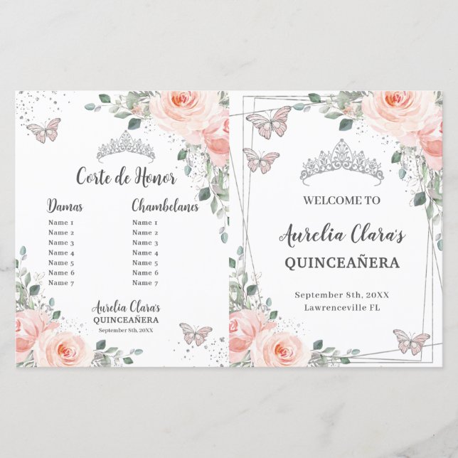 Quinceañera Blush Pink Floral Butterflies Program (Front)