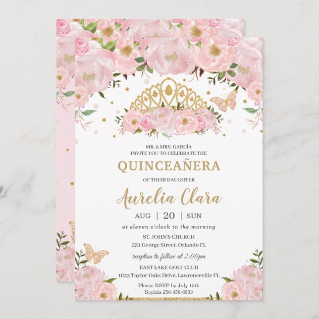 Quinceañera Blush Pink Floral Butterflies Tiara Invitation (Front/Back)