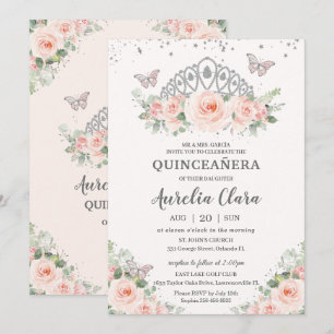 Quinceañera Blush Pink Floral Crown Butterflies Invitation