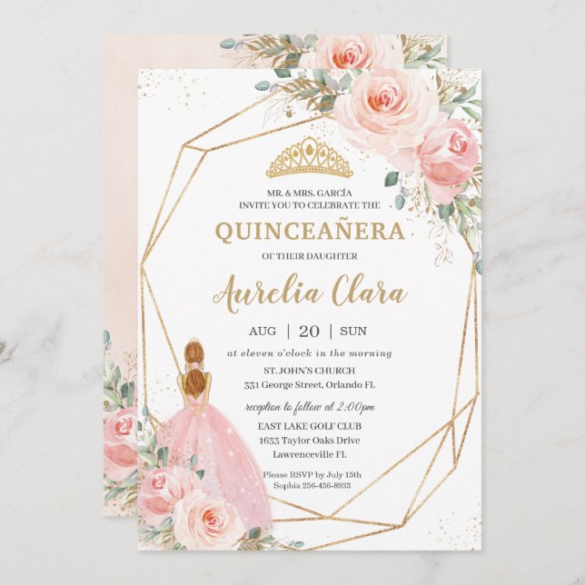 Quinceañera Blush Pink Floral Geometric Birthday  Invitation (Front/Back)