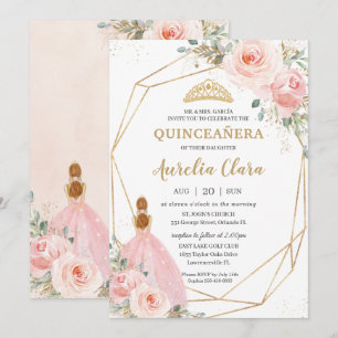 Quinceañera Blush Pink Floral Geometric Birthday  Invitation