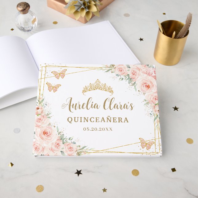 Quinceanera Blush Pink Floral Gold Butterflies 15  Guest Book (Front Open)