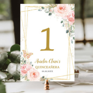 Quinceañera Blush Pink Floral Gold Butterflies Table Number