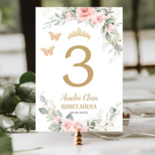 Quinceañera Blush Pink Floral Gold Butterflies  Table Number