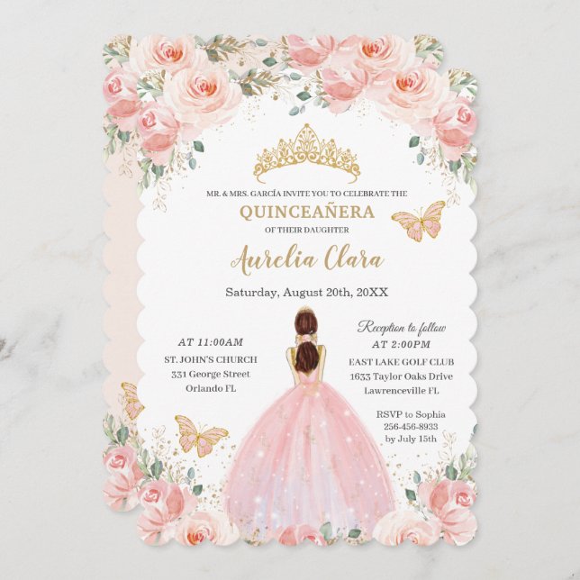 Quinceañera Blush Pink Floral Gold Crown Butterfly Invitation (Front/Back)