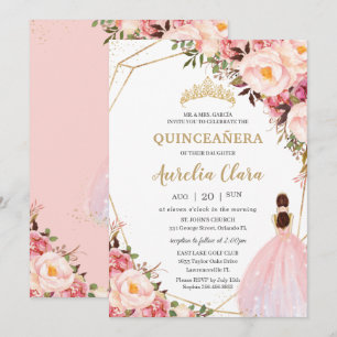 Quinceañera Blush Pink Floral Gold Princess  Invitation