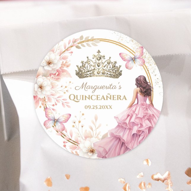 Quinceañera Blush Pink Floral Gold Tiara Butterfly Classic Round Sticker (Creator Uploaded)