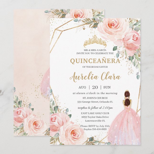 Quinceañera Blush Pink Floral Mis Quince Anos  Inv Invitation (Front/Back)