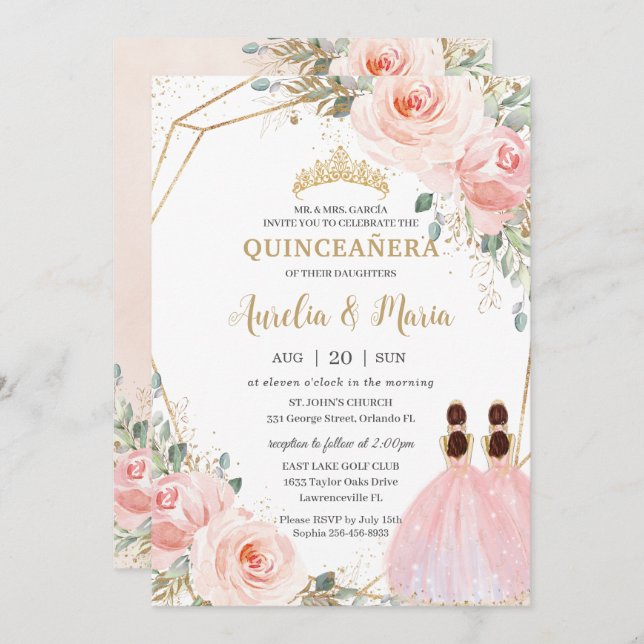 Quinceañera Blush Pink Floral Mis Quince XV Twins Invitation (Front/Back)