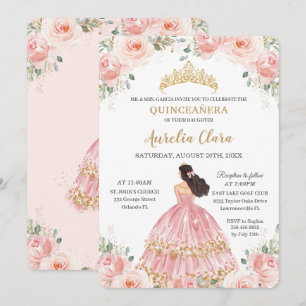 Quinceañera Blush Pink Floral Princess Birthday Invitation