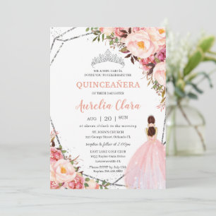 Quinceañera Blush Pink Floral Princess Silver Invi Invitation