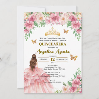 Quinceañera Blush Pink Floral Princess Spanish Invitation