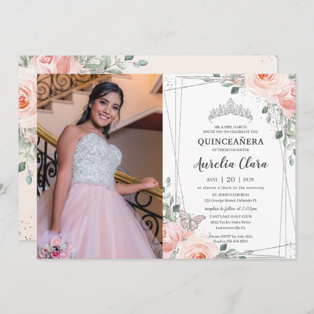 Quinceañera Blush Pink Floral Rose Butterfly Photo Invitation (Front/Back)