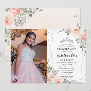 Quinceañera Blush Pink Floral Rose Butterfly Photo Invitation