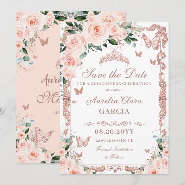 Quinceañera Blush Pink Floral Rose Gold Butterfly Save The Date (Front/Back)