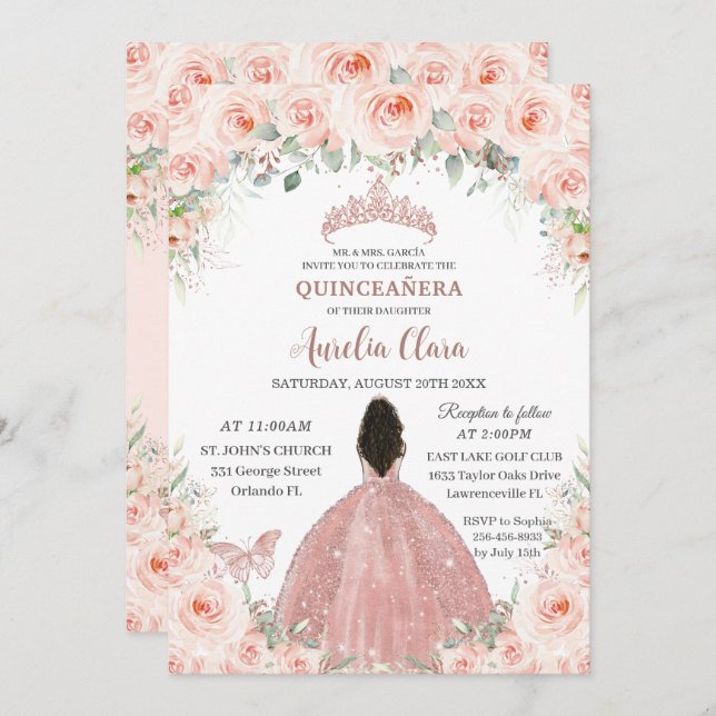 Quinceañera Blush Pink Floral Rose Gold Dress Girl Invitation (Front/Back)