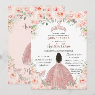 Quinceañera Blush Pink Floral Rose Gold Dress Girl Invitation