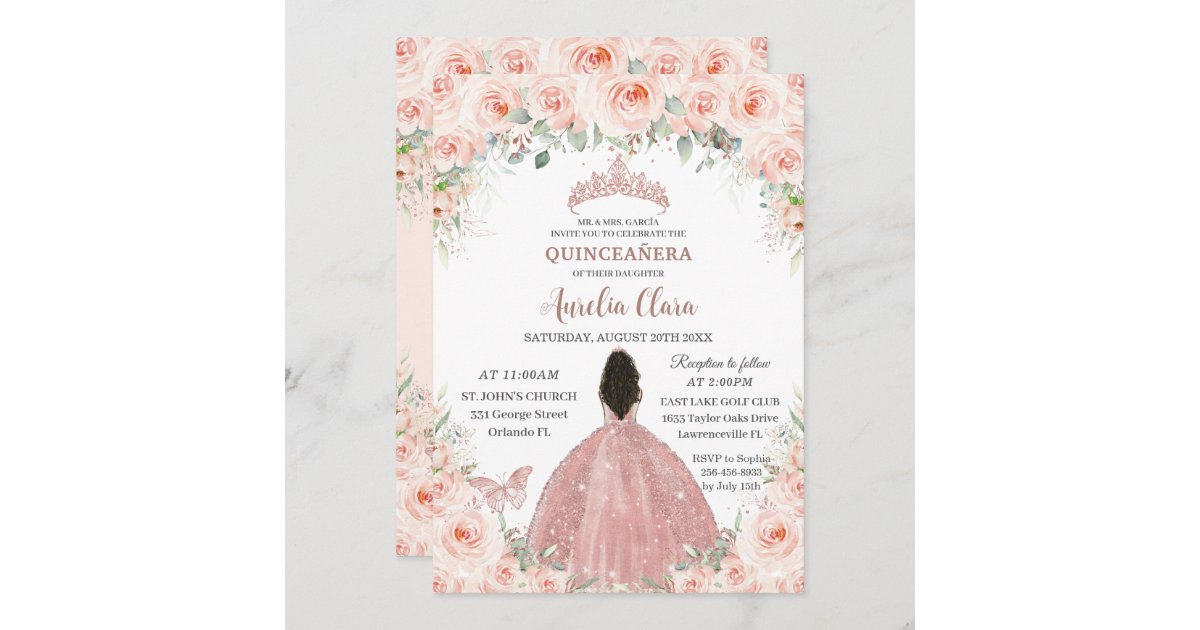 Quinceañera Blush Pink Floral Rose Gold Dress Girl Invitation | Zazzle