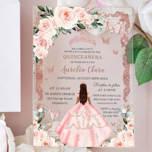 Quinceañera Blush Pink Floral Rose Gold Princess Acrylic Invitations
