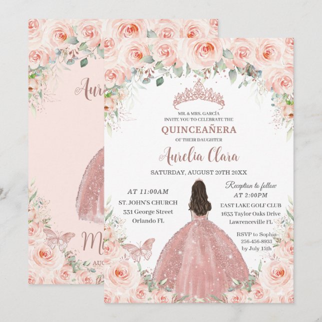 Quinceañera Blush Pink Floral Rose Gold Princess Invitation (Front/Back)