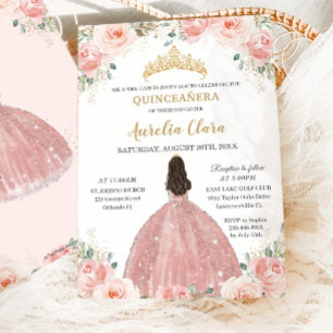 Quinceañera Blush Pink Floral Rose Gold Princess Invitation