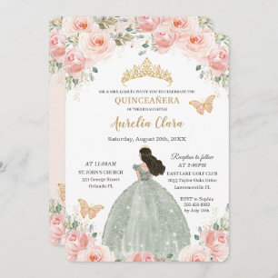 Quinceañera Blush Pink Floral Sage Green Dress Invitation