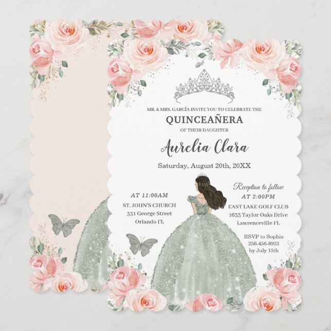 Quinceañera Blush Pink Floral Sage Green Dress Invitation (Front/Back)