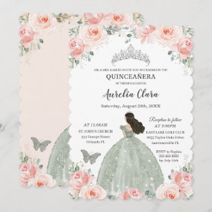 Quinceañera Blush Pink Floral Sage Green Dress Invitation
