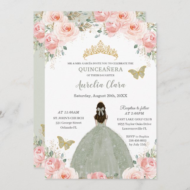 Quinceañera Blush Pink Floral Sage Green Princess Invitation (Front/Back)