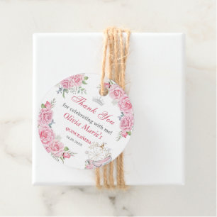 Quinceanera Blush Pink Floral Silver Crown Favour Tags