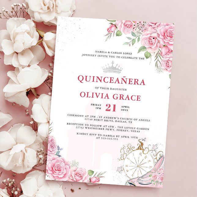 Quinceanera Blush Pink Floral Silver Crown Invitation (Creator Uploaded)