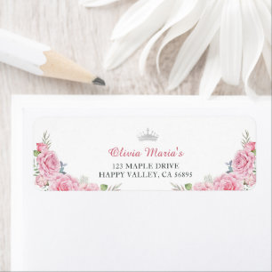 Quinceanera Blush Pink Floral Silver Crown  Return Address Label
