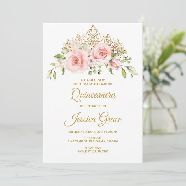Quinceanera Blush Pink Flowers, Mis Quince Invitation (Standing Front)