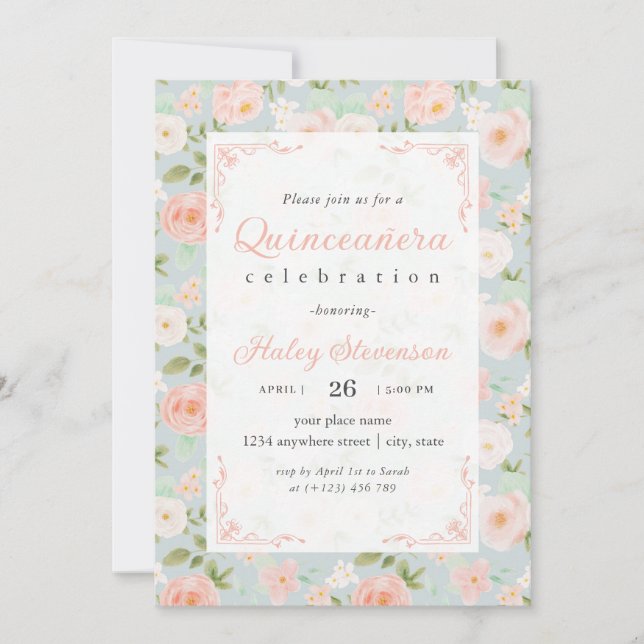 Quinceanera Blush Pink Girly Elegant Chic Floral Invitation (Front)