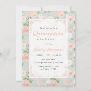 Quinceanera Blush Pink Girly Elegant Chic Floral Invitation