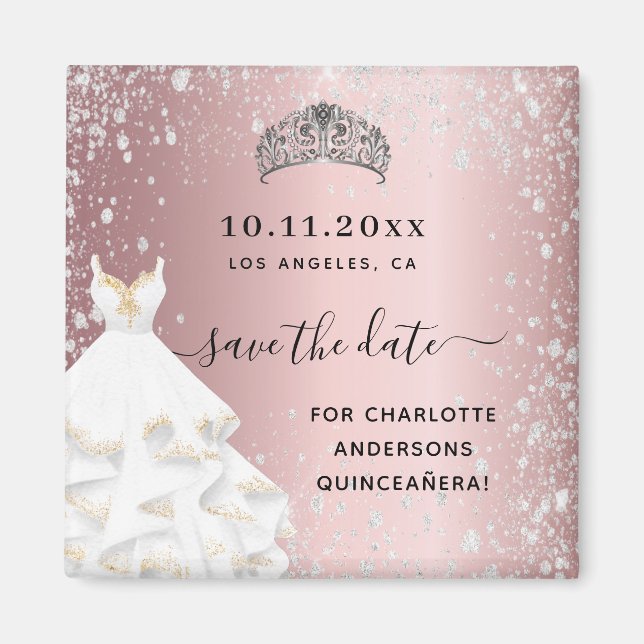 Quinceanera blush pink glitter dress save the date magnet (Front)