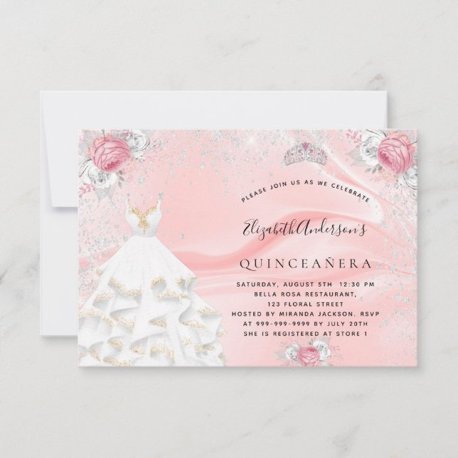 Quinceanera blush pink glitter dress tiara floral invitation (Front)