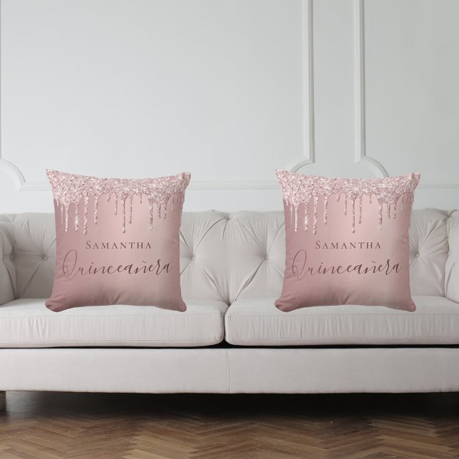 Quinceanera blush pink glitter drips monogram name cushion (Creator Uploaded)