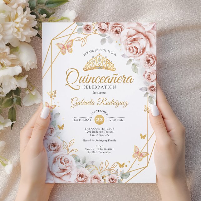 Quinceanera Blush Pink Gold Floral Invitation (Creator Uploaded)