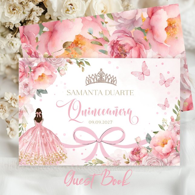 Quinceañera Blush Pink Gold Guest Book (Blush pink quinceañera guest book with gold accents for sweet 15 celebration.)