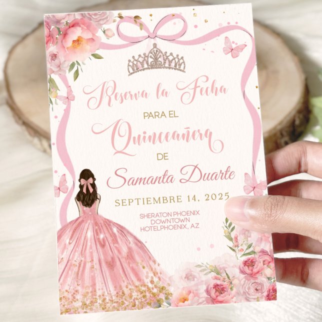 Quinceañera Blush Pink Gold Save The Date (Blush pink quinceañera Save the Date card with elegant gold accents for sweet 15 celebration.)