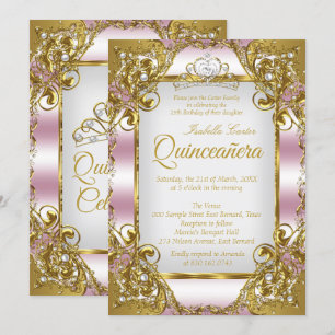 Quinceanera Blush Pink Golden Pearl Tiara Party Invitation