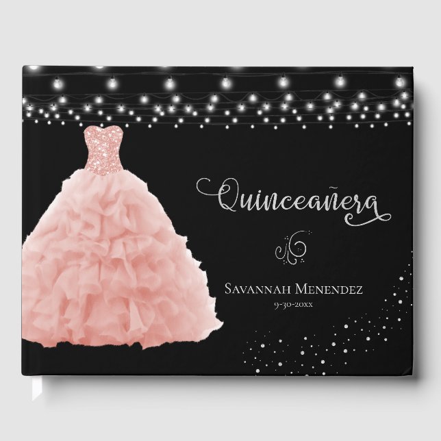 Quinceanera Blush Pink Gown Lights Photo Guest Book (Front)
