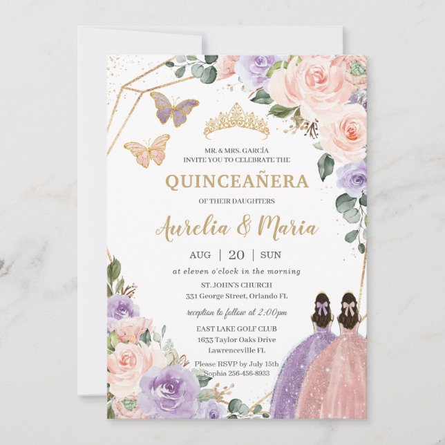 Quinceañera Blush Pink Lilac Purple Floral Twins  Invitation (Front)