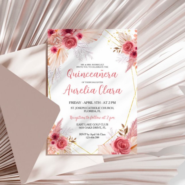 Quinceañera Blush Pink Pampas Grass Floral Invitation (Creator Uploaded)